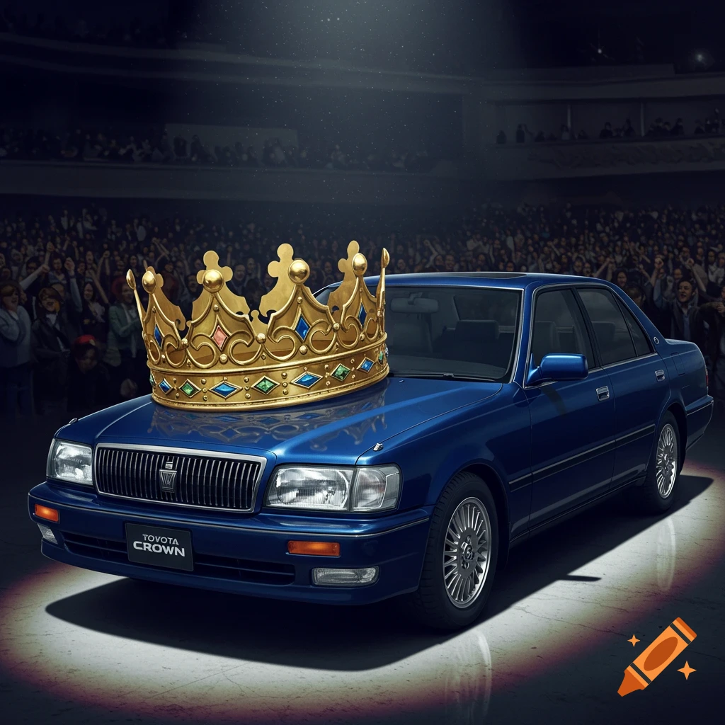 A blue Toyota Crown sedan with a golden crown on its hood, on a stage in front of a crowd.