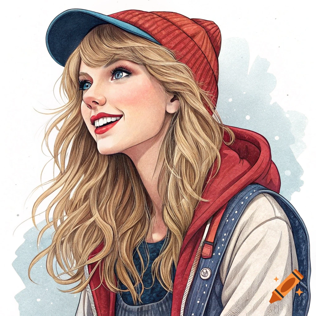 Stylized portrait of a woman in a red beanie, red hooded jacket, and backpack.