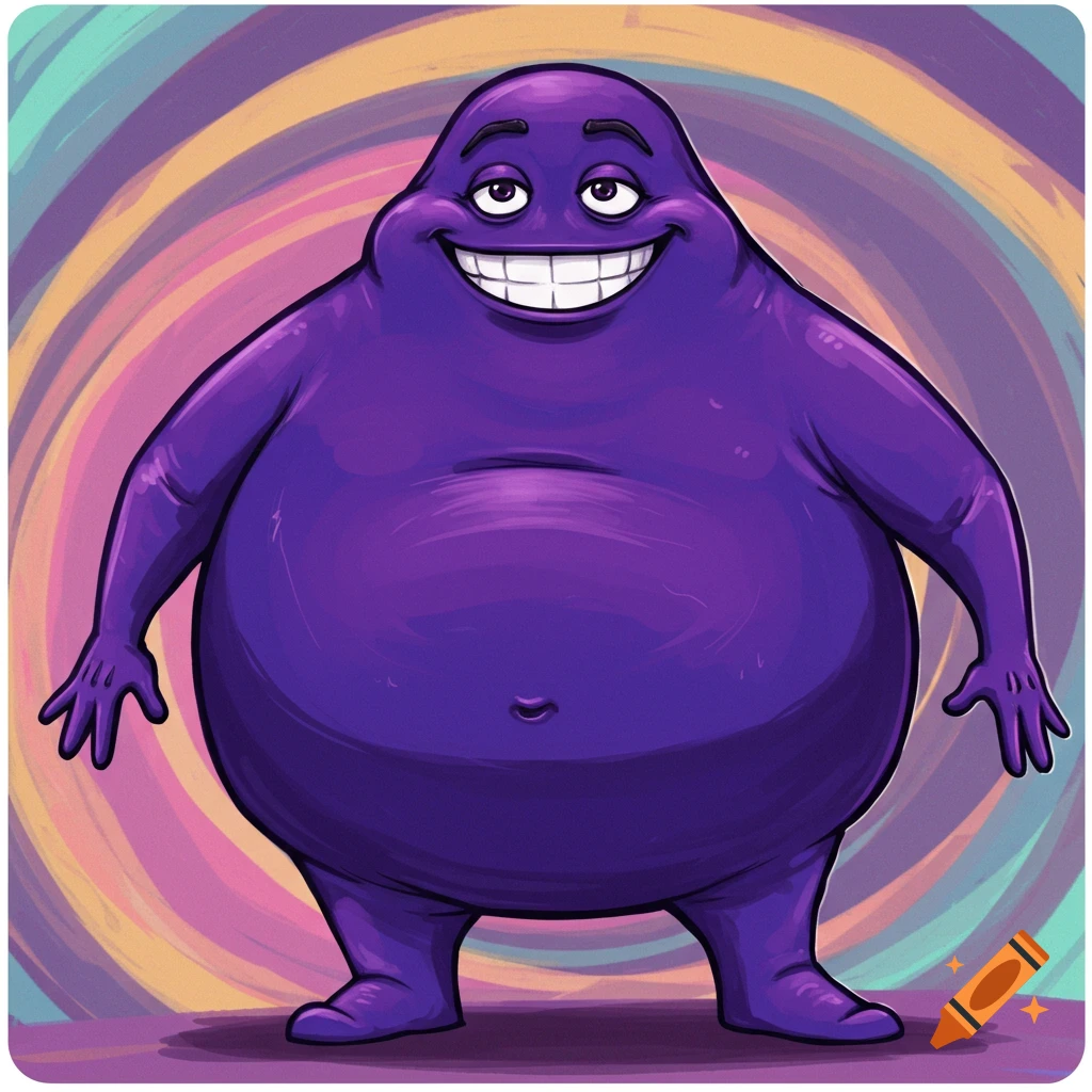 A large, purple cartoon character with a wide smile against a swirling, colorful background.