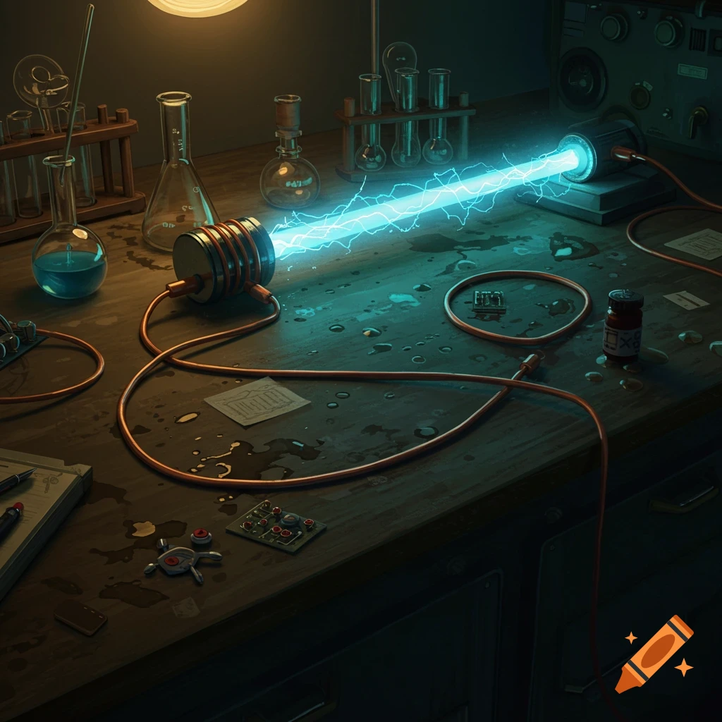 A science lab table with beakers, tubes, and a power source emitting a blue energy beam.