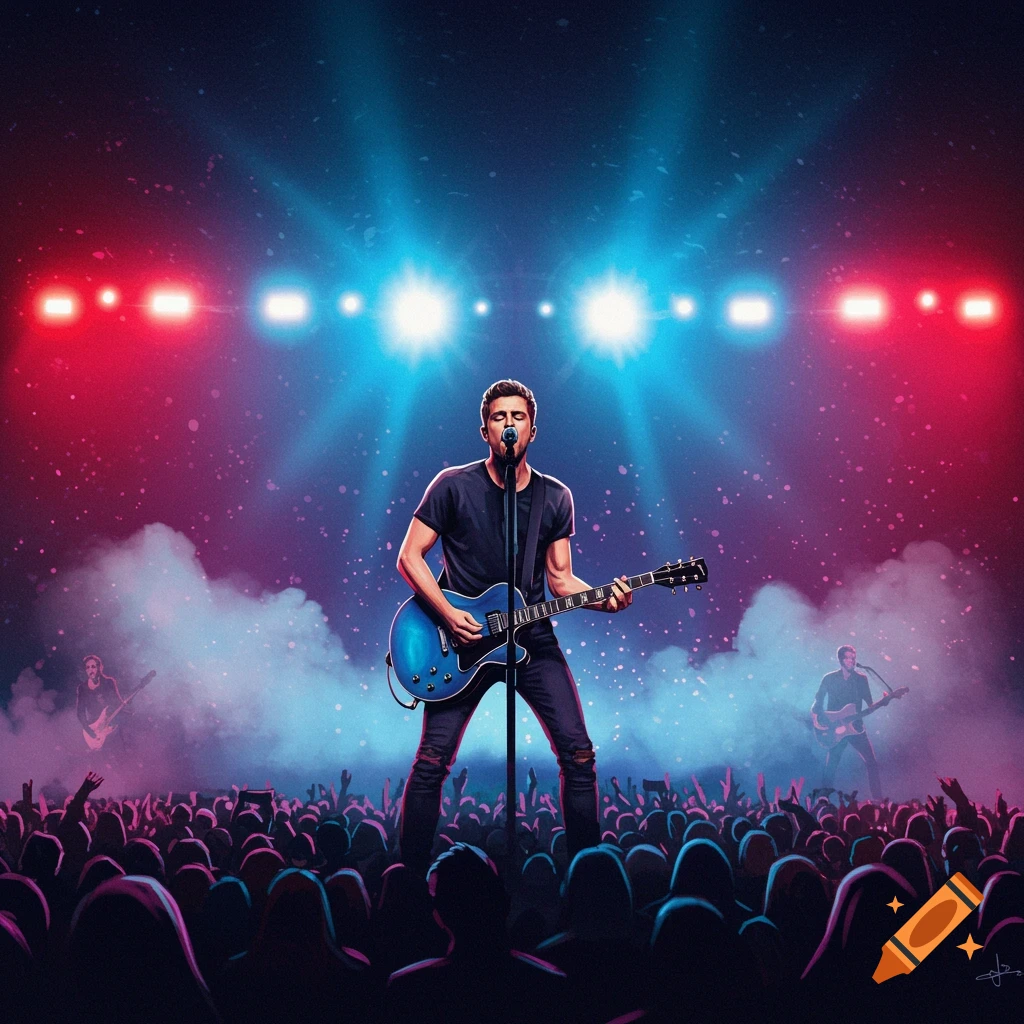 A musician is singing and playing guitar on stage at a concert with a crowd and dramatic lighting.
