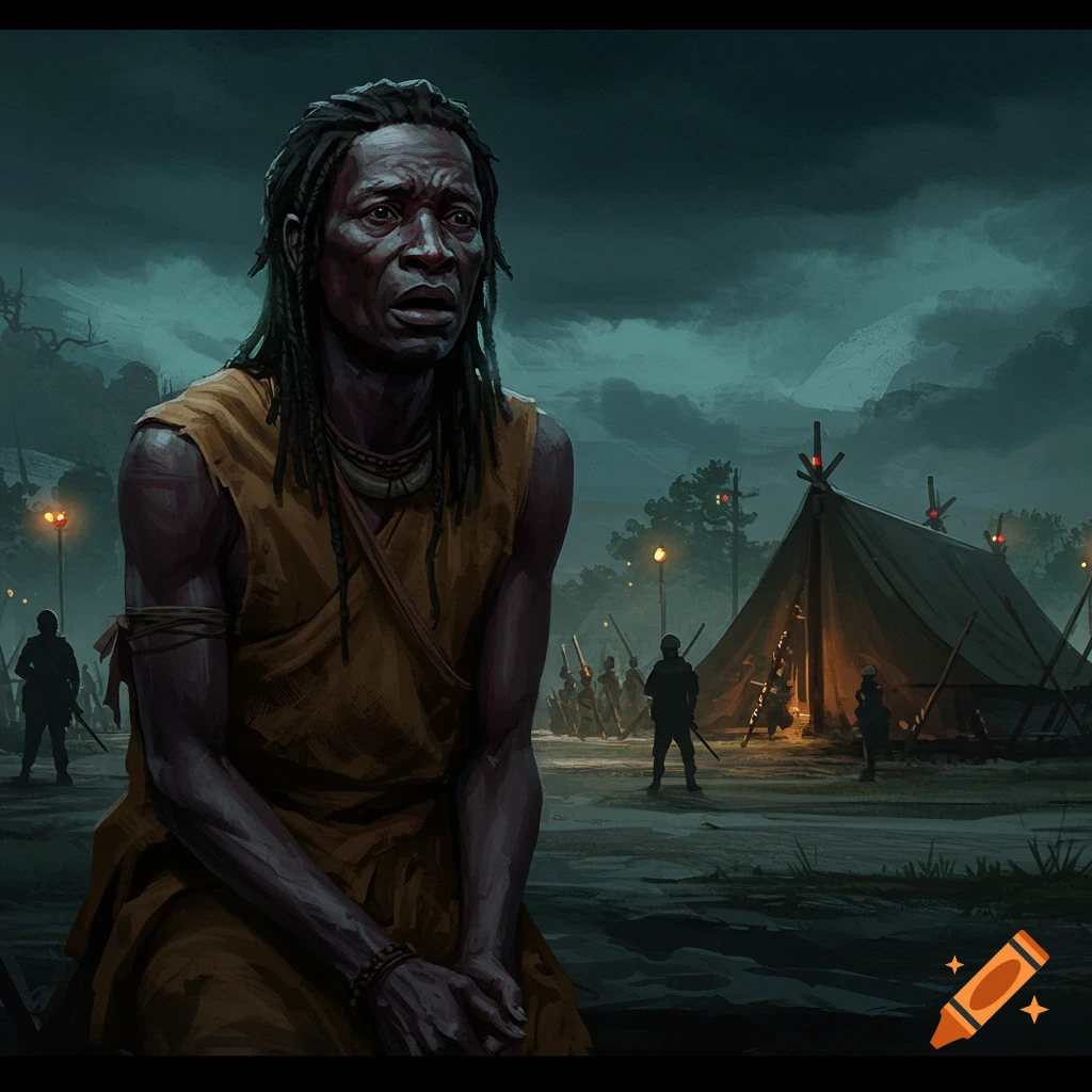 A terrified man sits outside a military camp under a stormy sky.