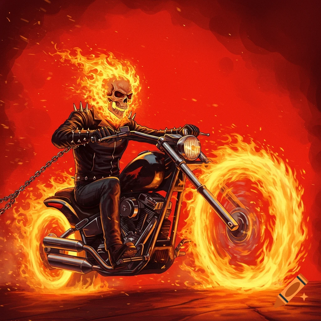 Ghost Rider on a motorcycle, head and wheels engulfed in flames against a  red background. on Craiyon, image size:1024x1024