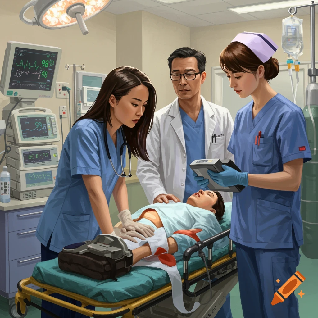 Doctors and a nurse attending to a patient on a gurney in a hospital room.