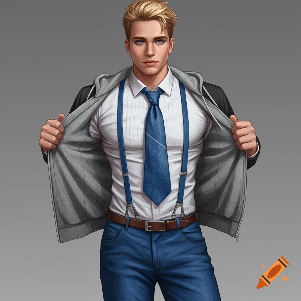 Illustration of a young man with blond hair and blue eyes, wearing a white shirt, blue tie and suspenders, and a grey hoodie pulled open.