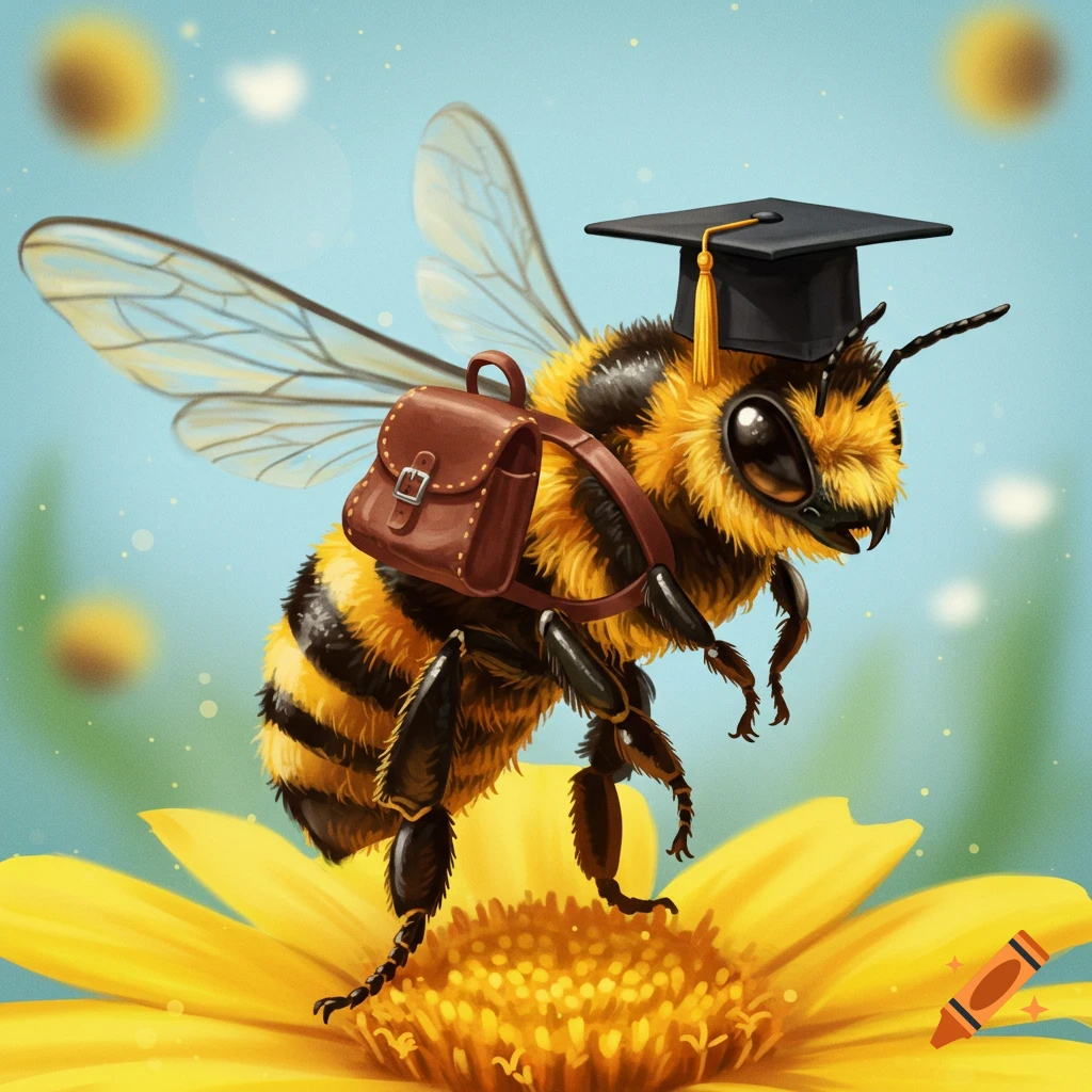 A bee wearing a backpack and graduation cap is flying above a flower.