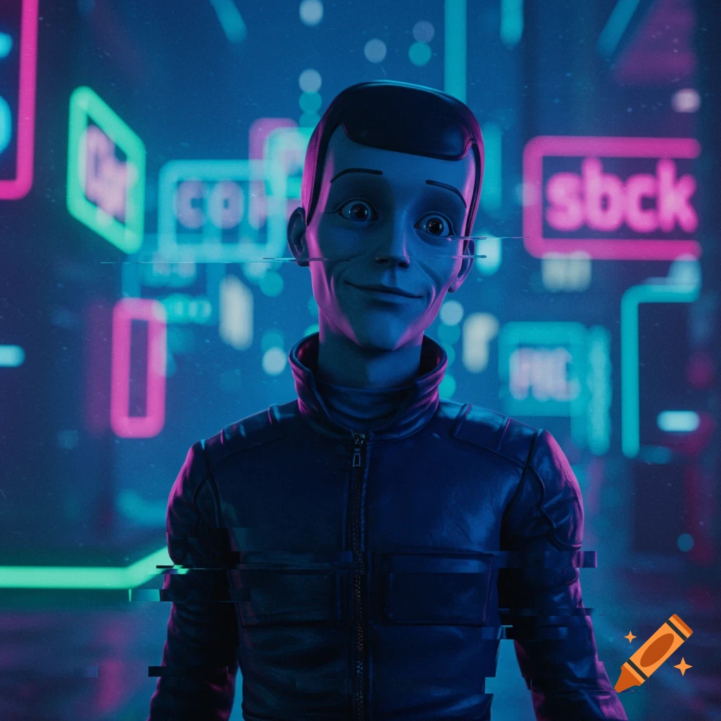 Max Headroom in a futuristic scene with neon signs and digital glitches.