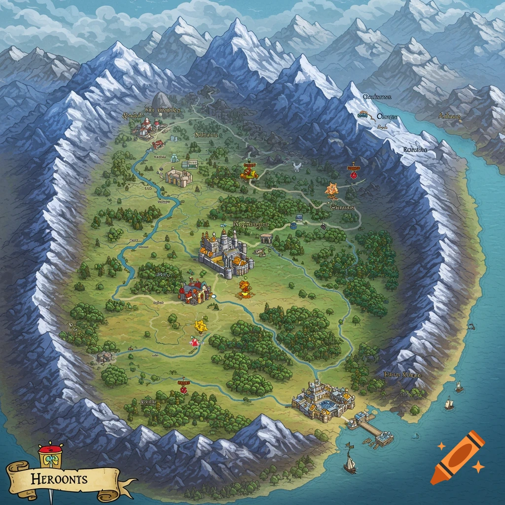 A fantasy map showing a barony valley enclosed by mountains, with rivers, settlements, and a harbor.