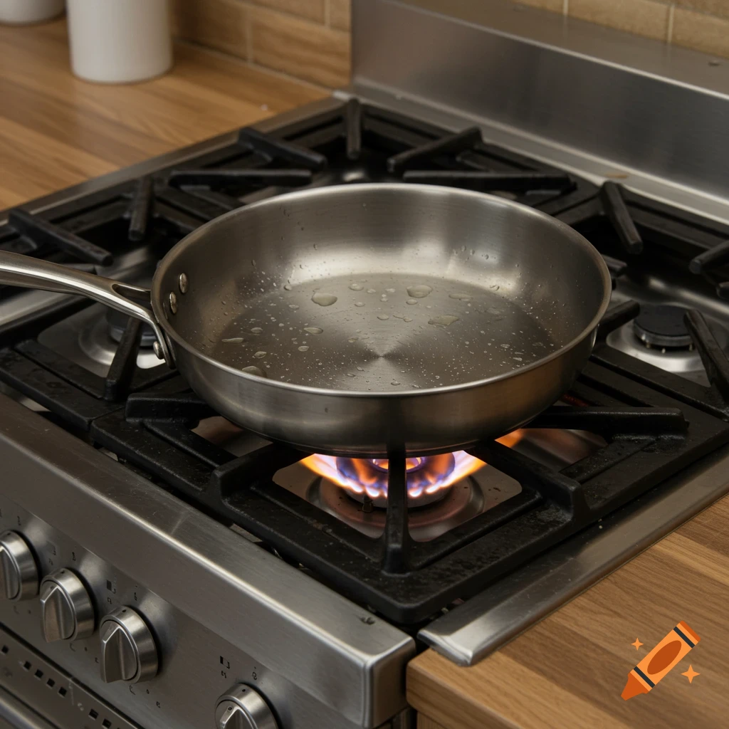 Stainless steel pan with water droplets on a gas stovetop burner with flames.