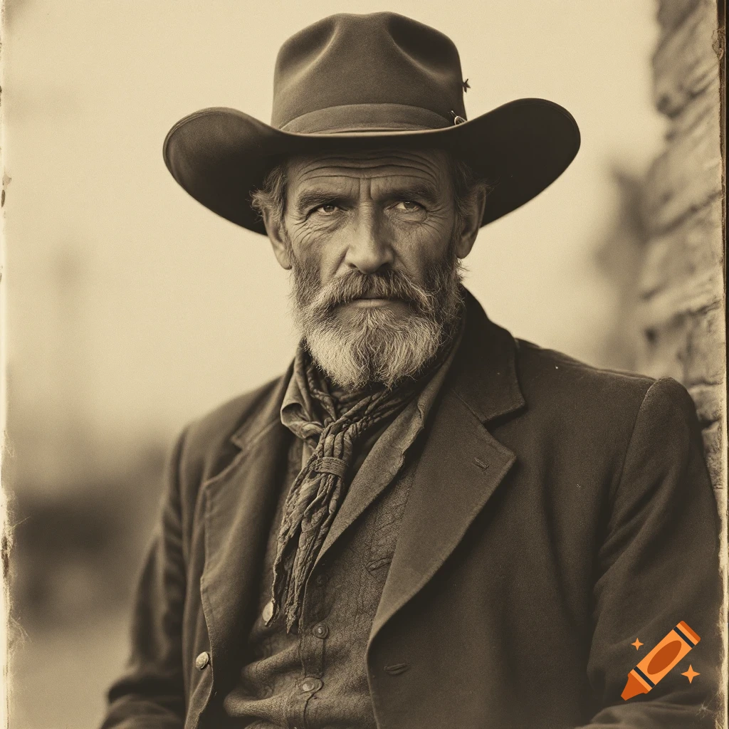 Sepia toned portrait of an old man with a beard and cowboy hat, in an old western photo style.