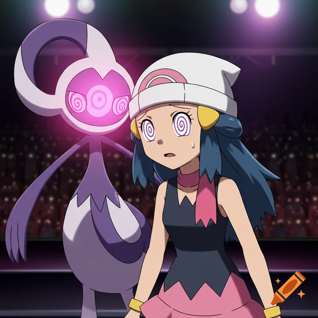 Dawn and a Pokemon character with spiral eyes in a stadium, anime style.