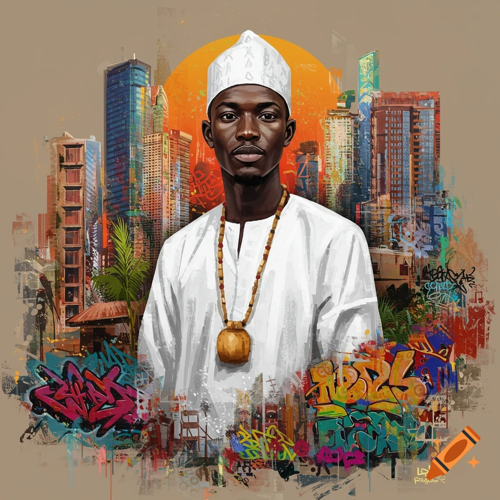 A portrait of a man in traditional white clothing against an urban skyline with graffiti.