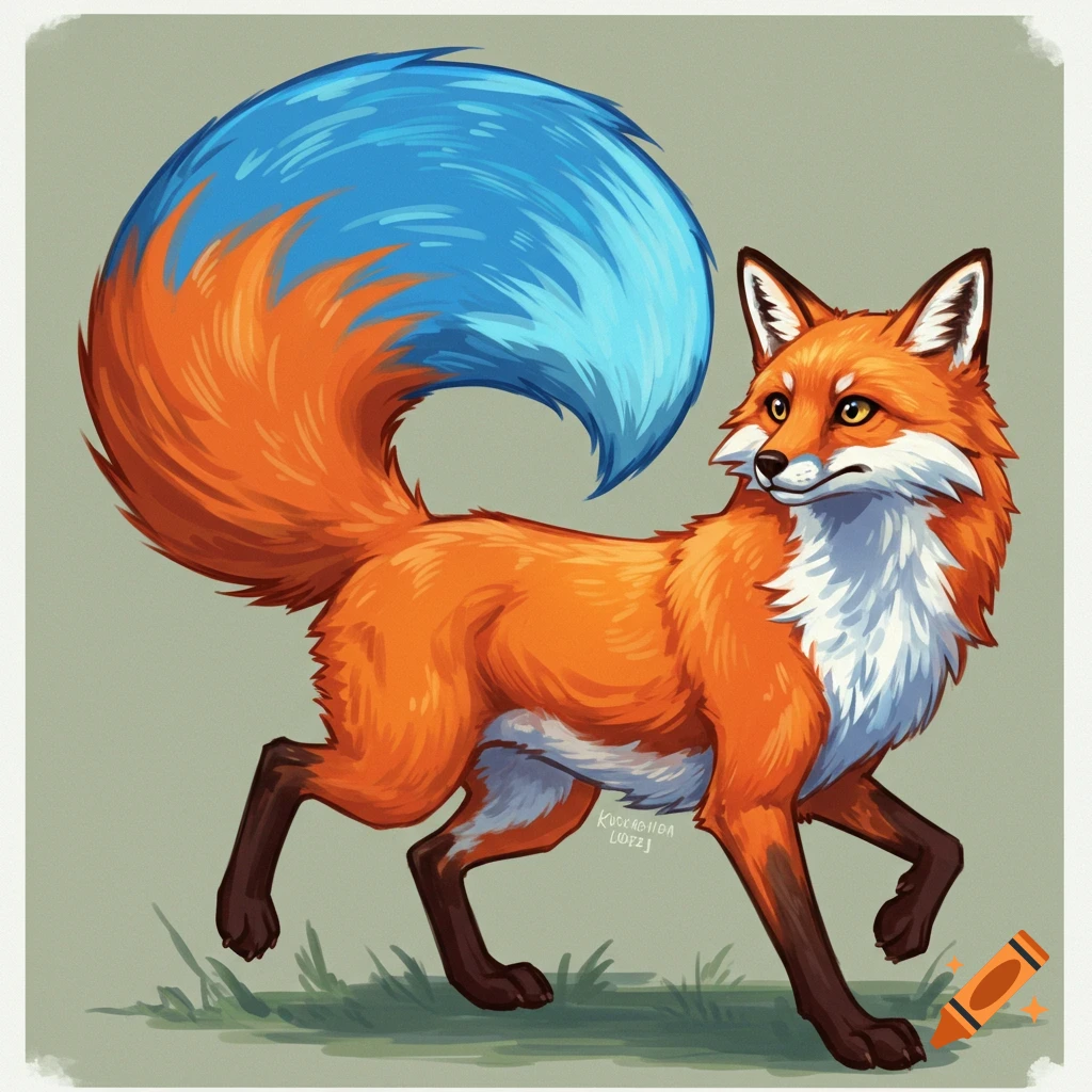 An orange fox with a large blue tail is walking in the grass.