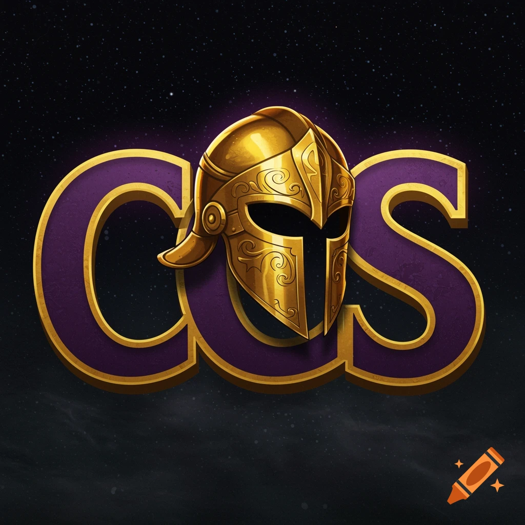A golden helmet sits atop purple letters 'CCS' against a backdrop of a starry sky.
