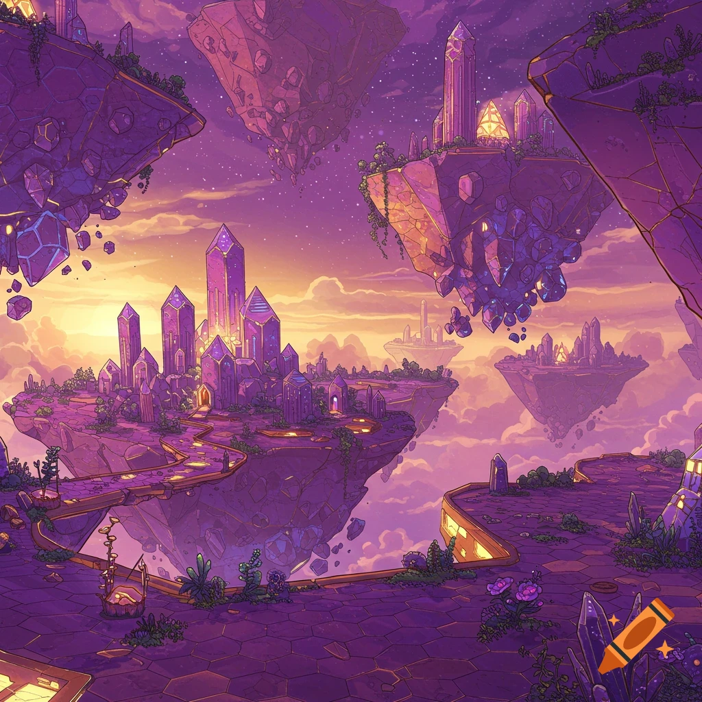 A purple crystalline city rests on floating islands under a sunset sky.