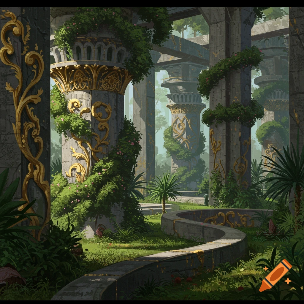 Ancient ruins with ornate columns overgrown with greenery and a winding path.