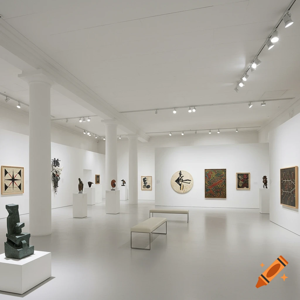 Interior view of a bright, modern art gallery with sculptures and paintings on display
