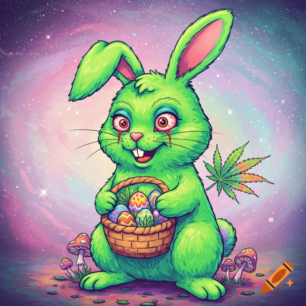 Green bunny with red eyes holds Easter basket with eggs and cannabis leaves, illustration.