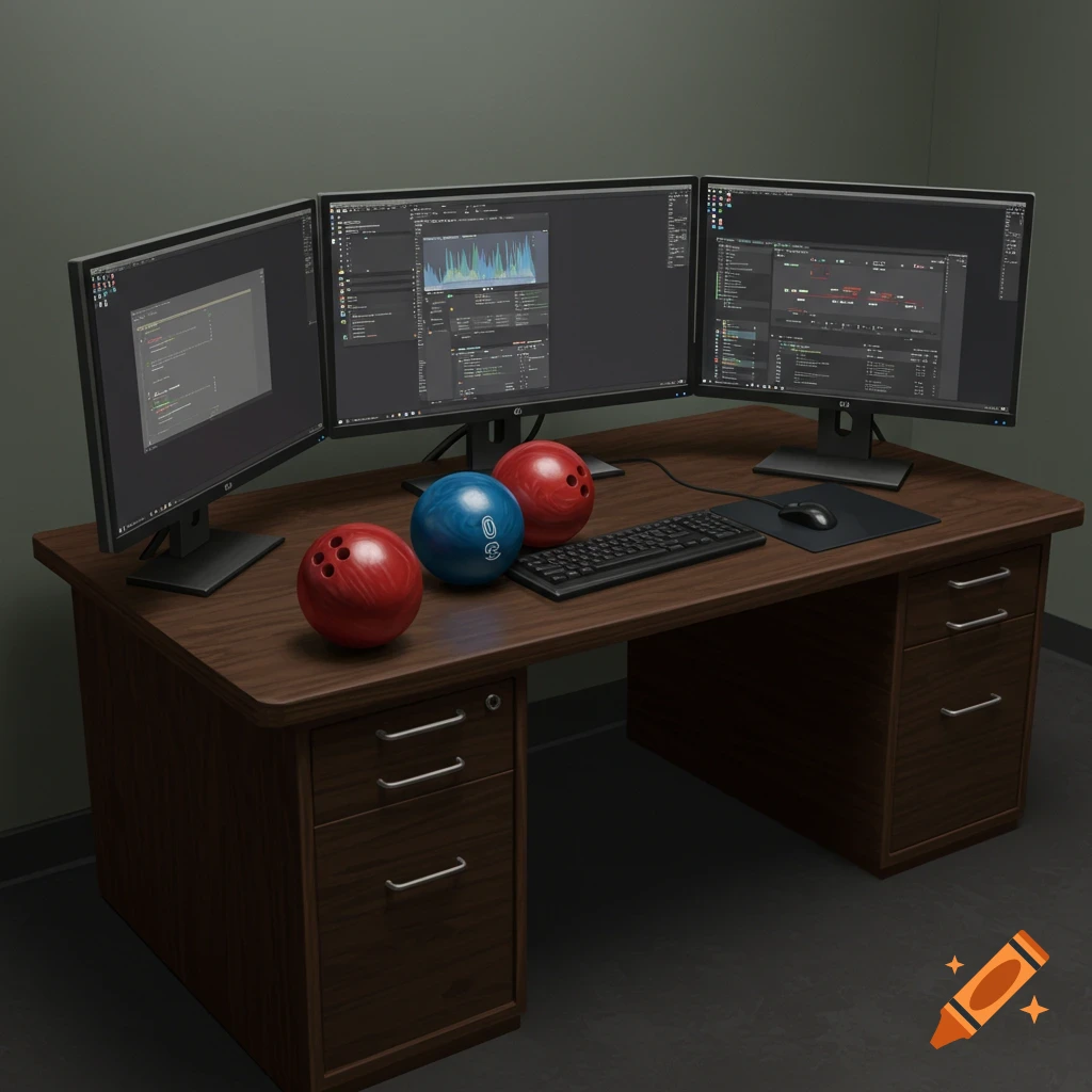 A desk with three monitors showing data, a keyboard, mouse, and three bowling balls.