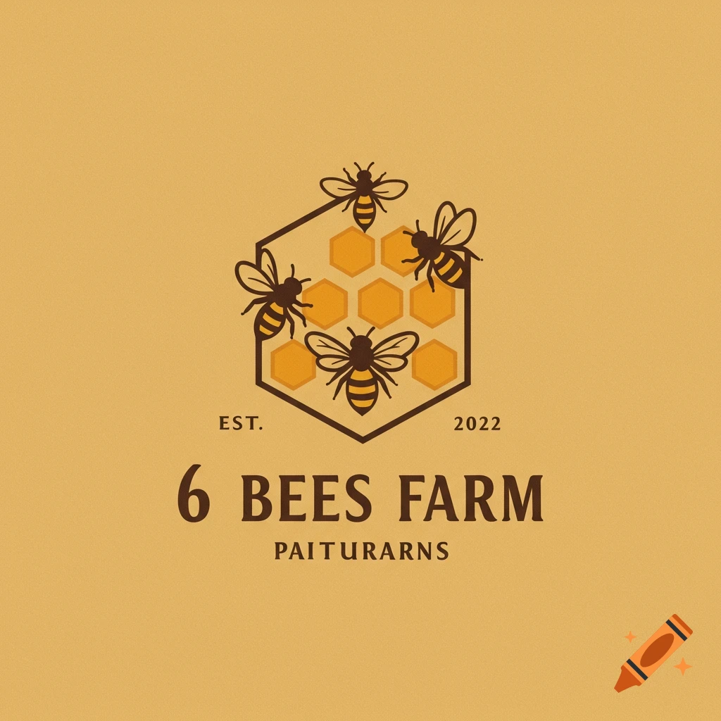 Logo with honeycomb, bees, and text '6 BEES FARM'.