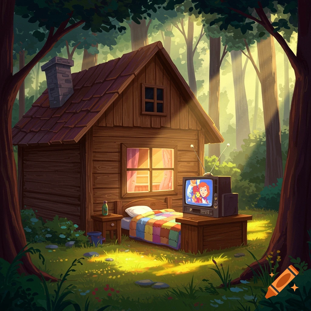 Cozy cabin in a sun-dappled forest with a bed and a TV showing cartoons.