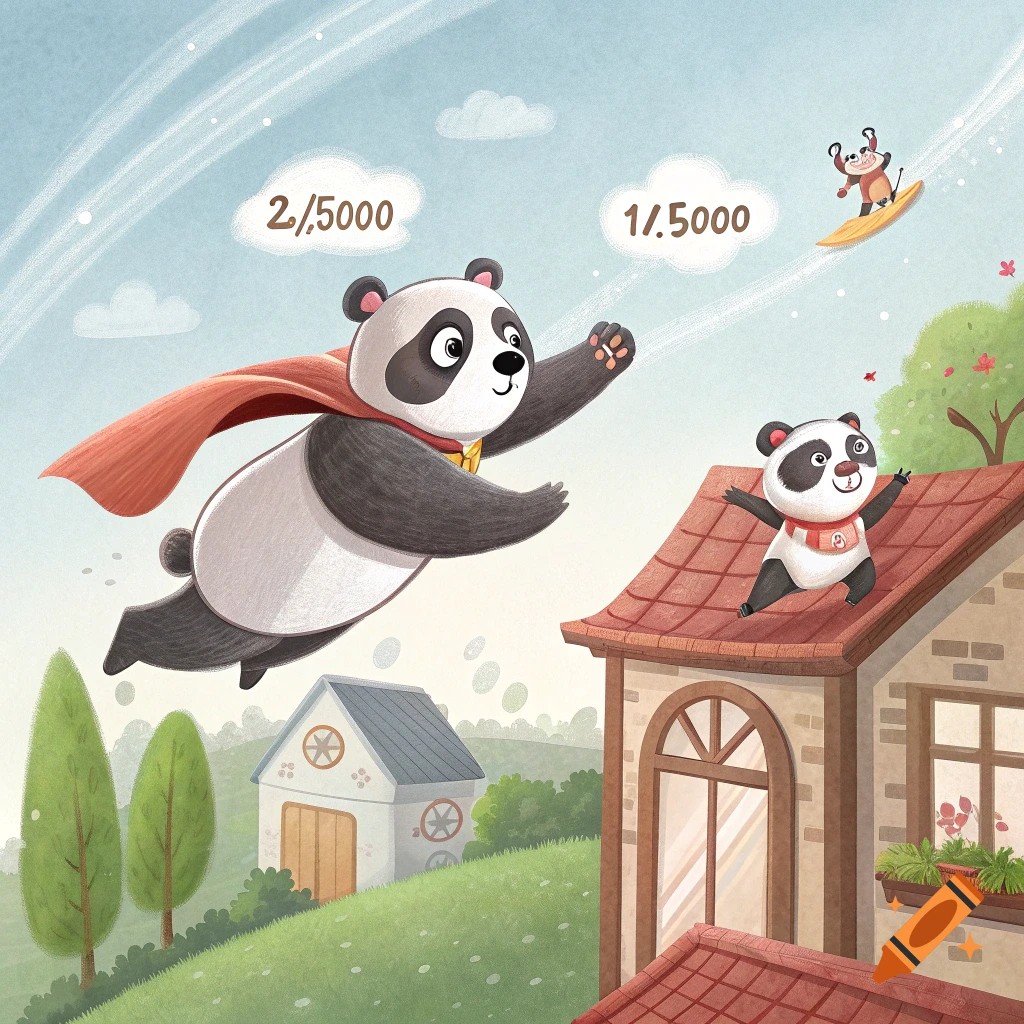 Cartoon superhero panda flies over a house towards a small panda on the roof. A mole on a surfboard flies nearby.