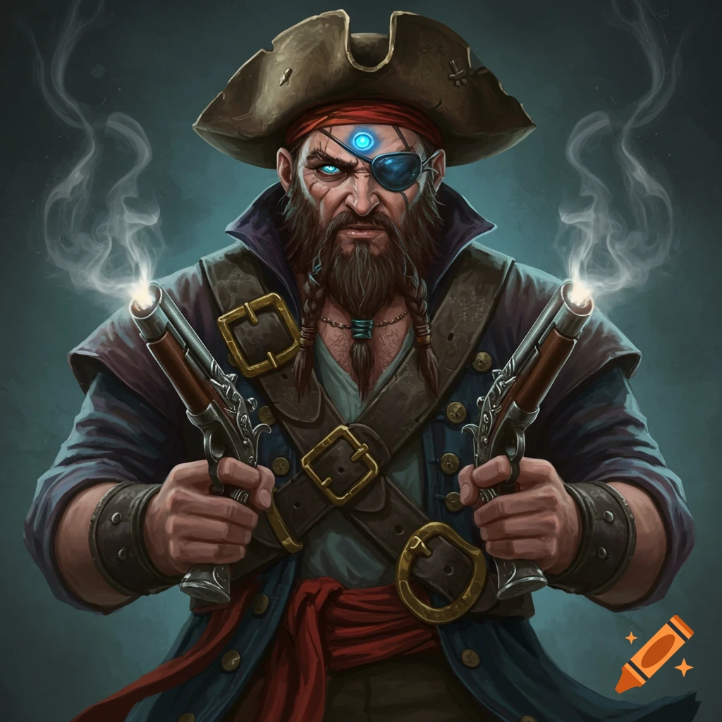 A pirate with two eye patches and a glowing third eye is holding smoking pistols.