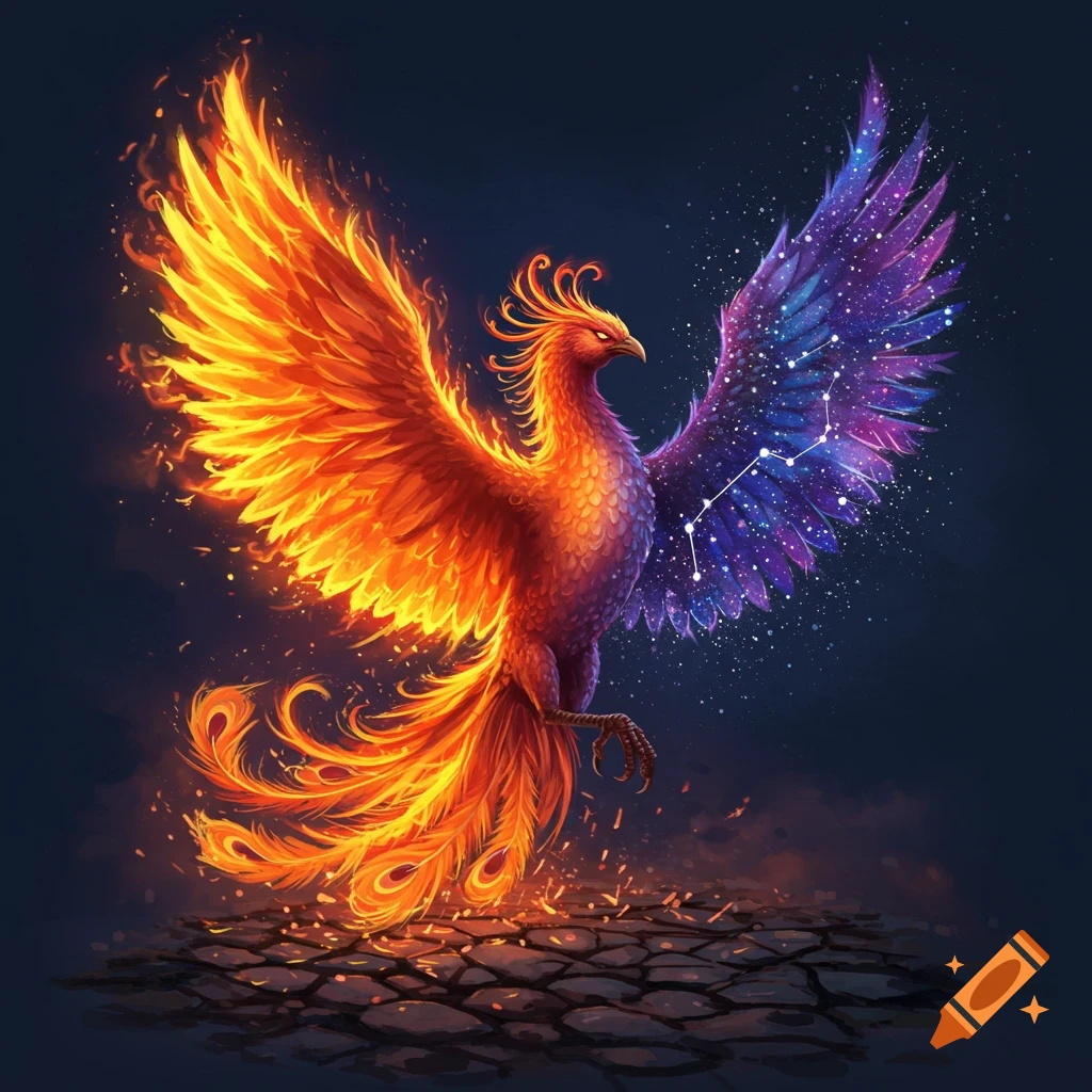 A stylized phoenix rising from ashes, with a fiery orange left wing and a starry purple right wing.