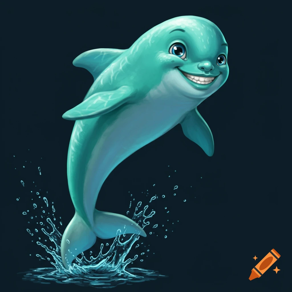 A smiling cartoon dolphin is jumping out of the water