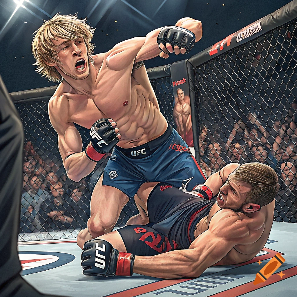 Stylized illustration of two fighters in a UFC cage, one standing over the other on the ground.