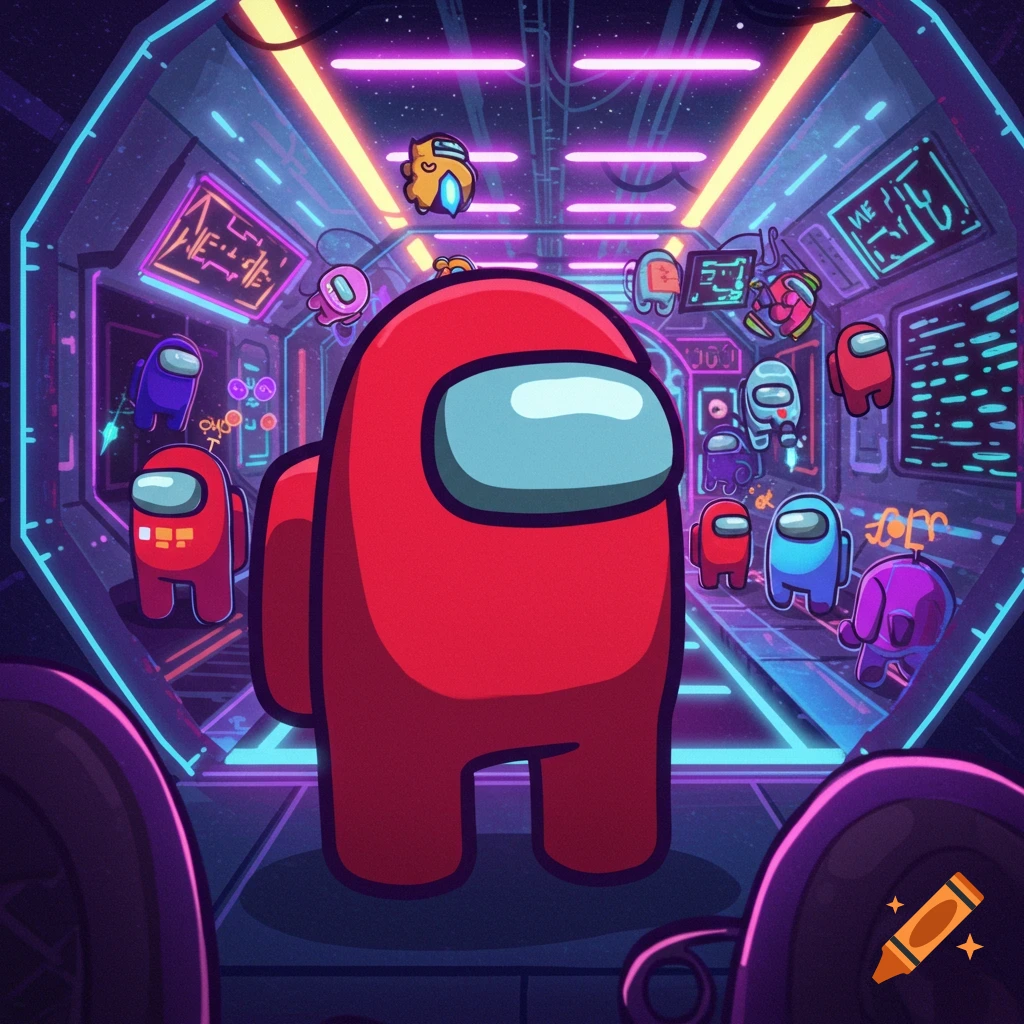 Among Us characters in a neon-lit spaceship corridor