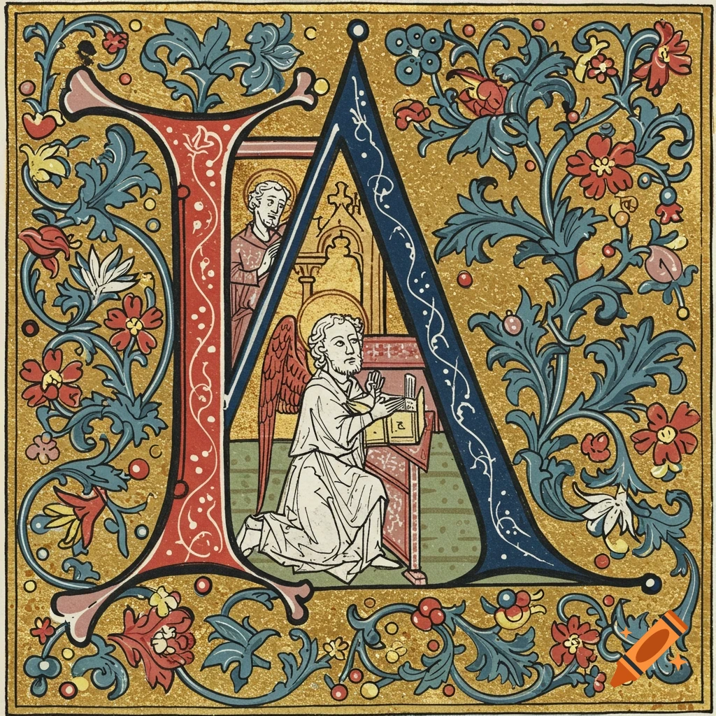 An illuminated manuscript historiated initial 'A' depicting religious figures within the letter.