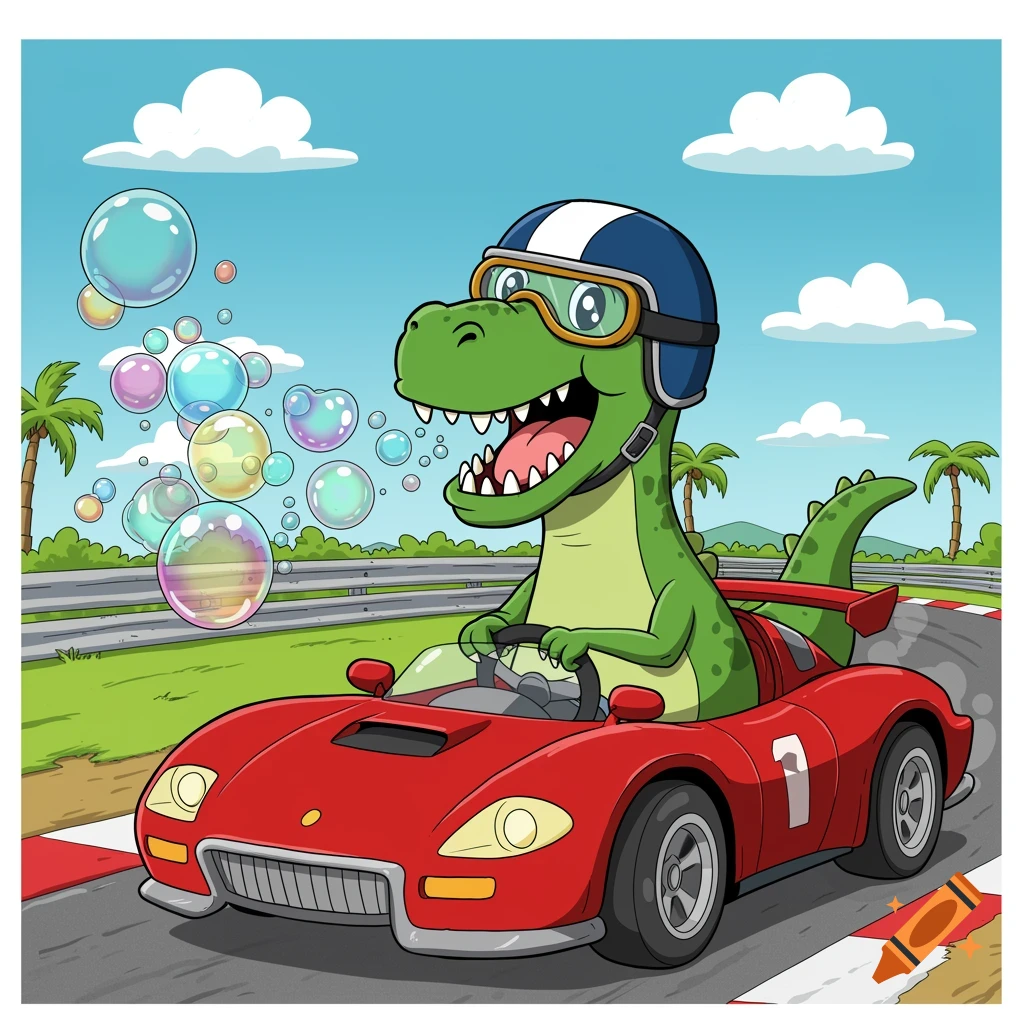 A cheerful cartoon dinosaur in a red race car blows bubbles while driving on a track.