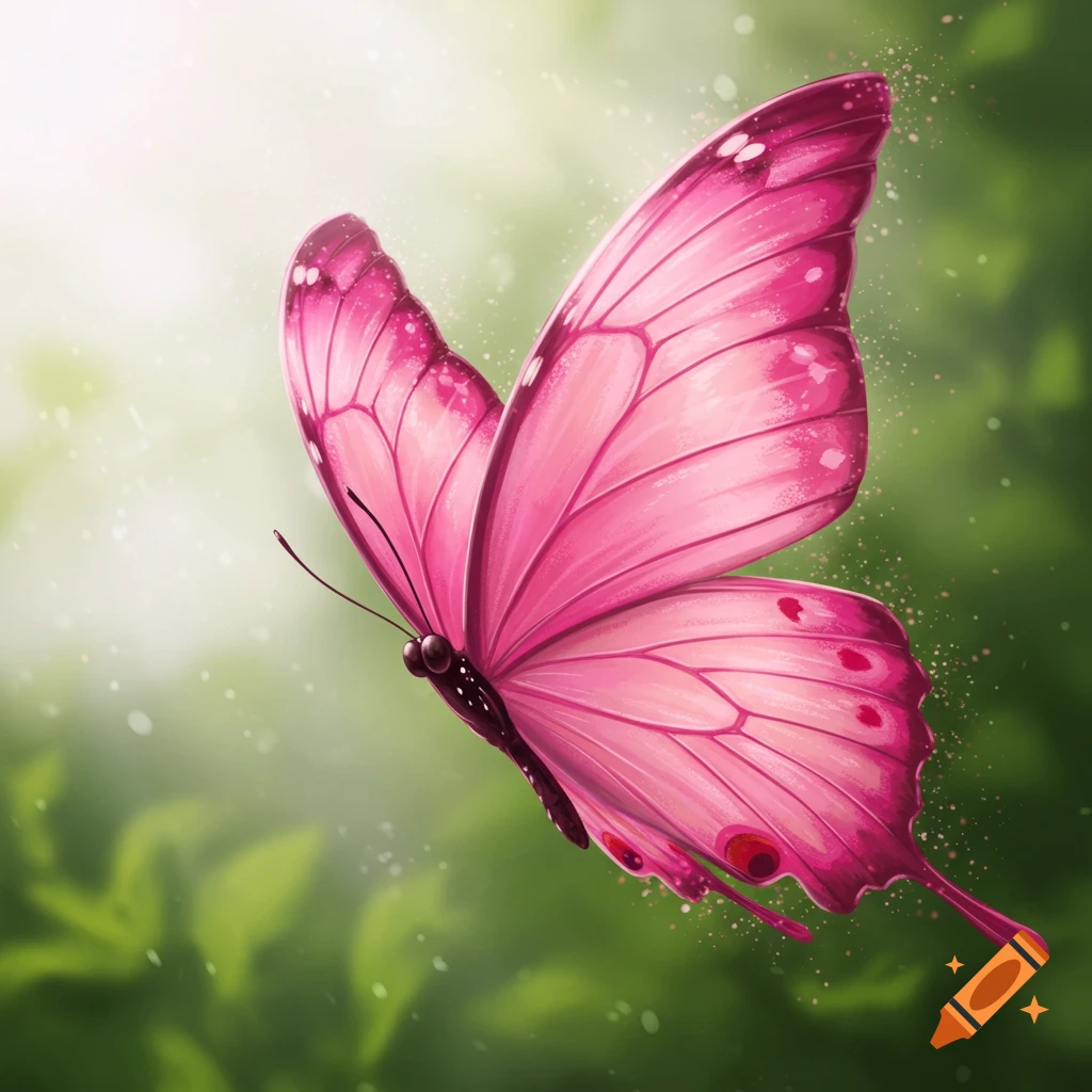 A pink butterfly flying against a green background.