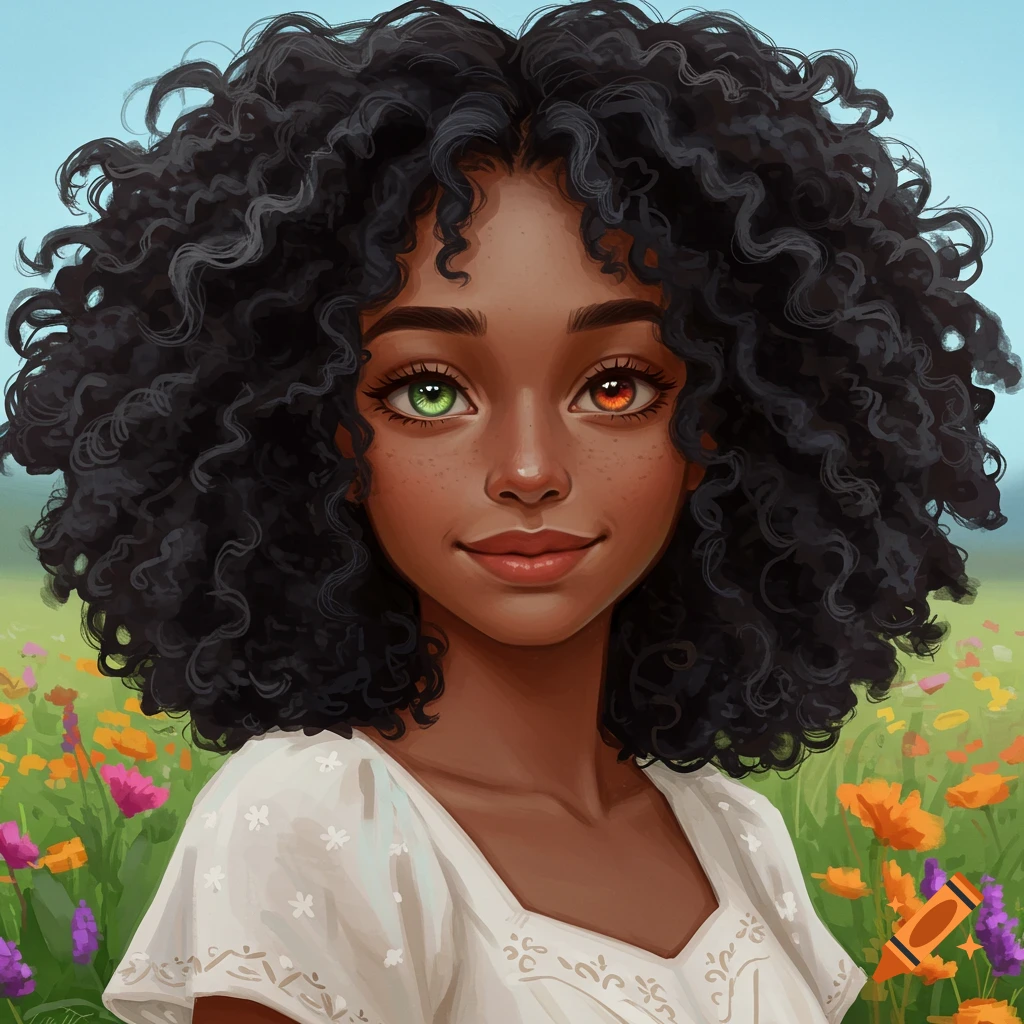 A woman with heterochromia eyes and dark curly hair in a field of wildflowers.