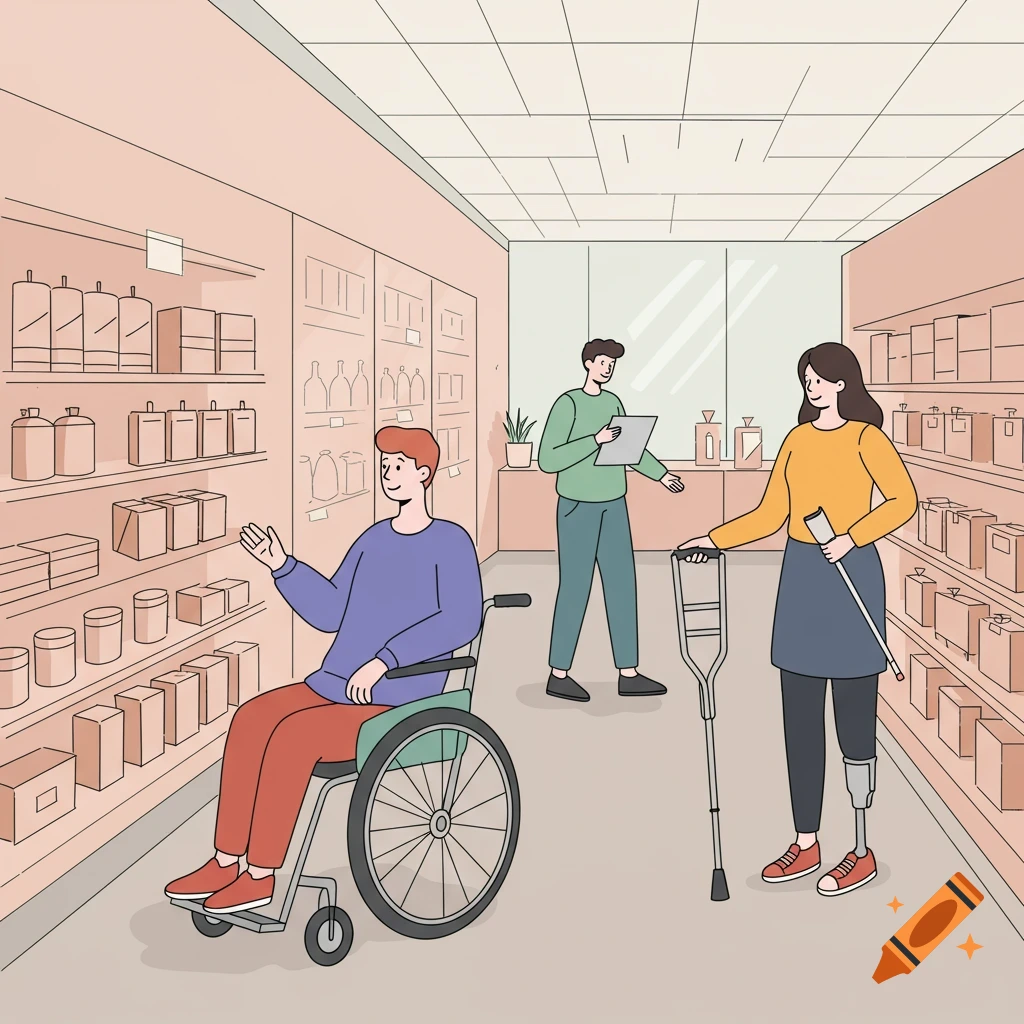 Flat cartoon illustration of three people shopping in a store, one in a wheelchair, one with a prosthetic and crutch.