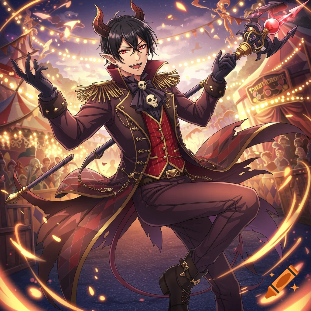 Anime demon character in carnival director costume holding a staff in a circus.