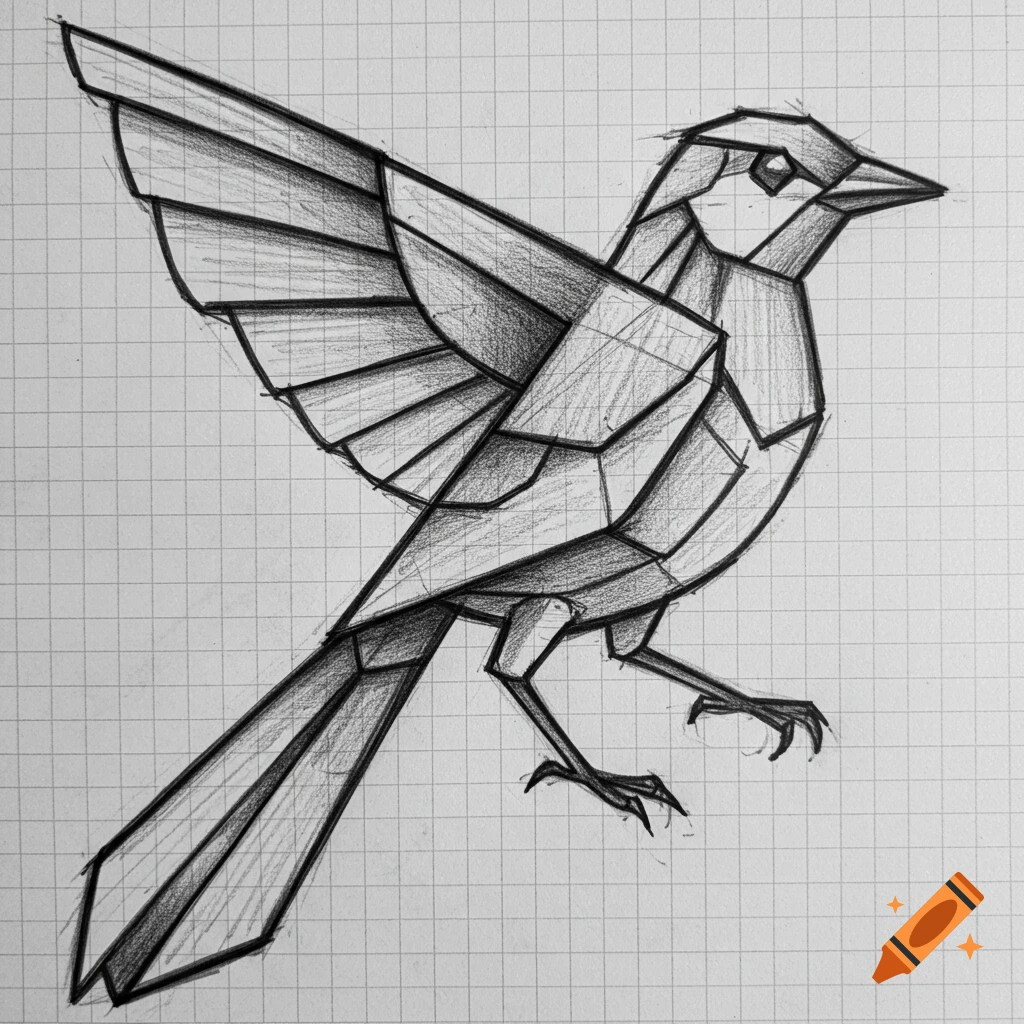 Geometric sketch of a bird with outstretched wings and tail on graph paper.