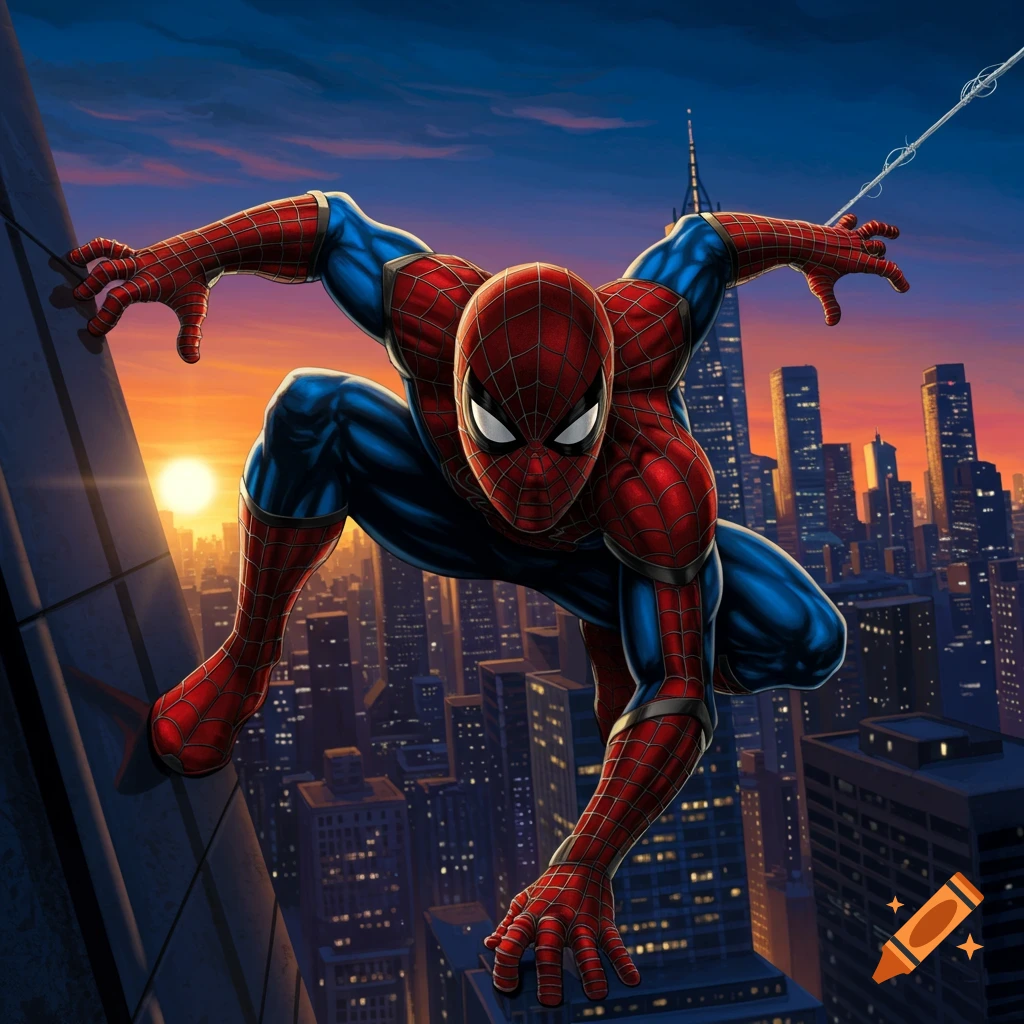 Spider-Man climbing a building against a sunset cityscape.