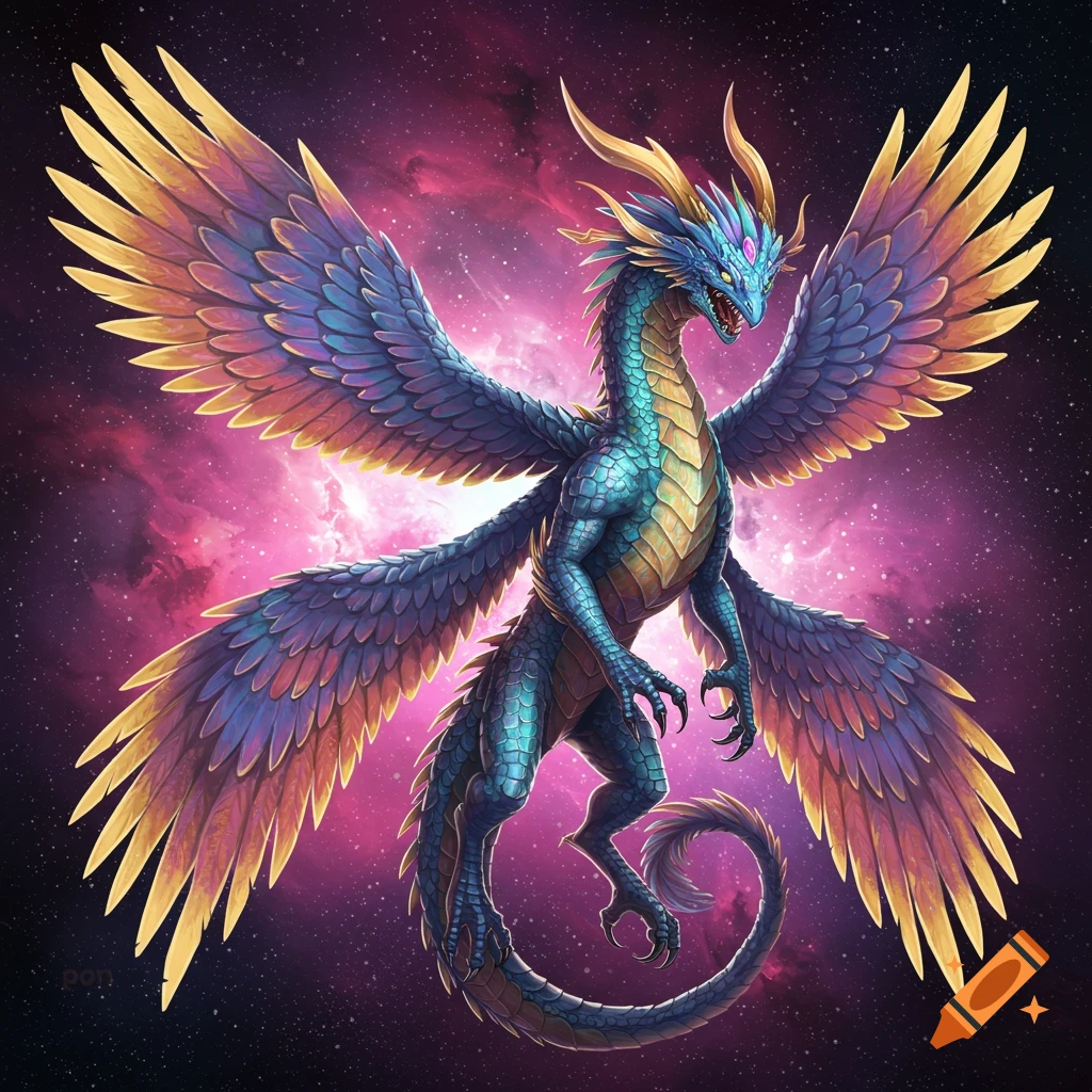 A blue and gold winged dragon with glowing eyes stands against a purple nebula backdrop.