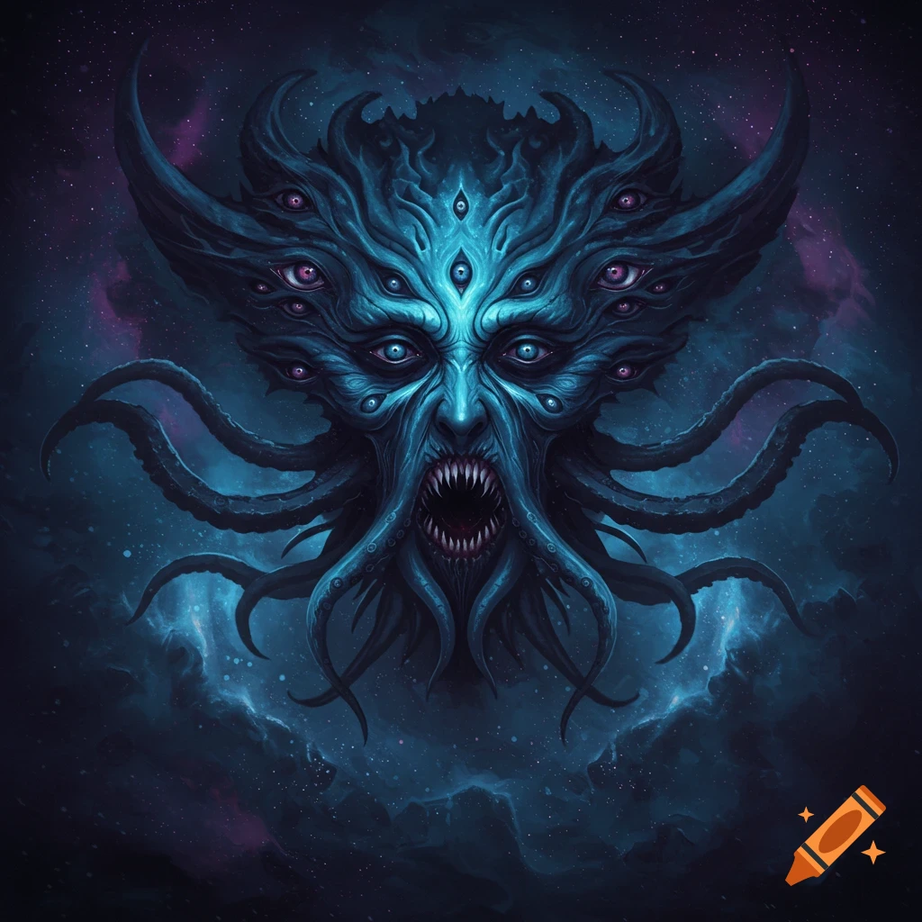 A blue Eldritch creature with many eyes, horns, and tentacles in a starry dark sky.