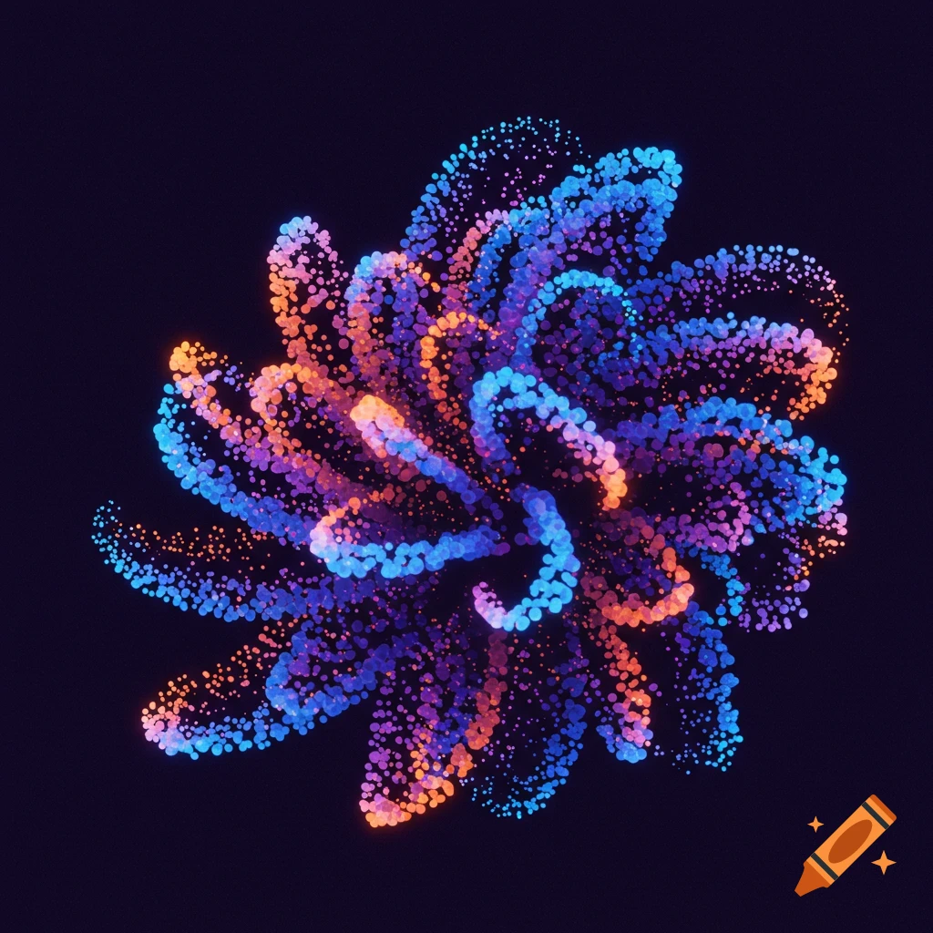 Abstract shape made of glowing blue, purple, and orange particles on a dark background.