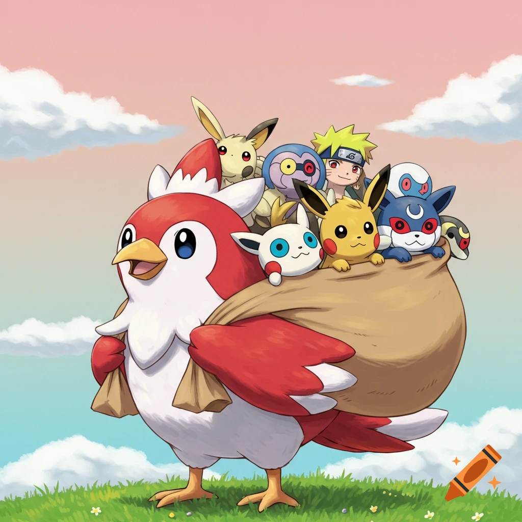 Cartoon image of Delibird carrying a sack filled with Pokemon and Naruto characters across a field under a sky with clouds.