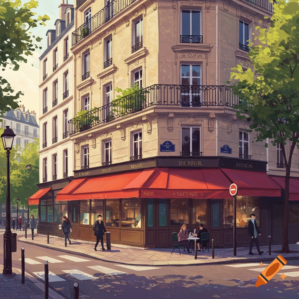 A bustling Parisian street corner with a cafe featuring striking red awnings, pedestrians strolling, and trees lining the sidewalk.
