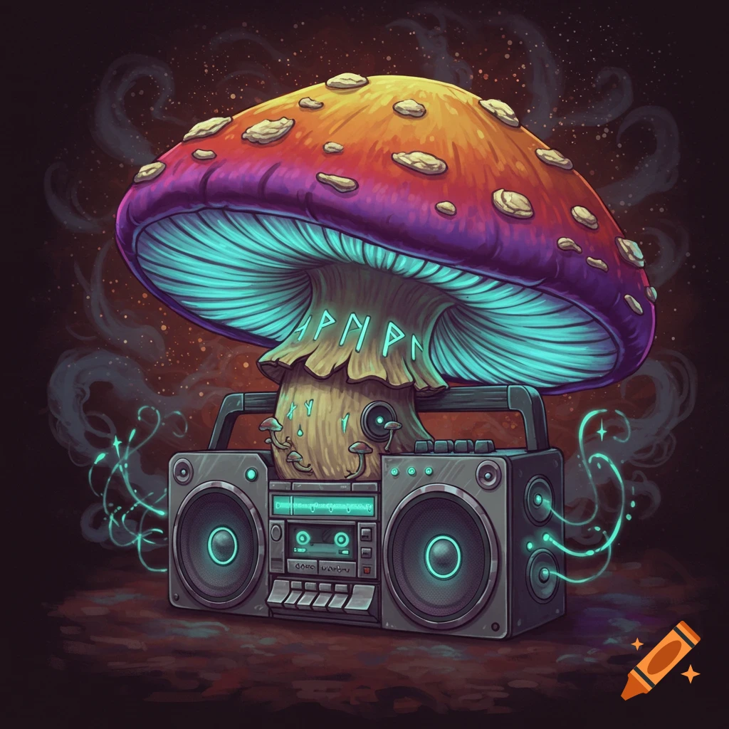 A stylized illustration of a colorful mushroom sitting on top of a boombox.