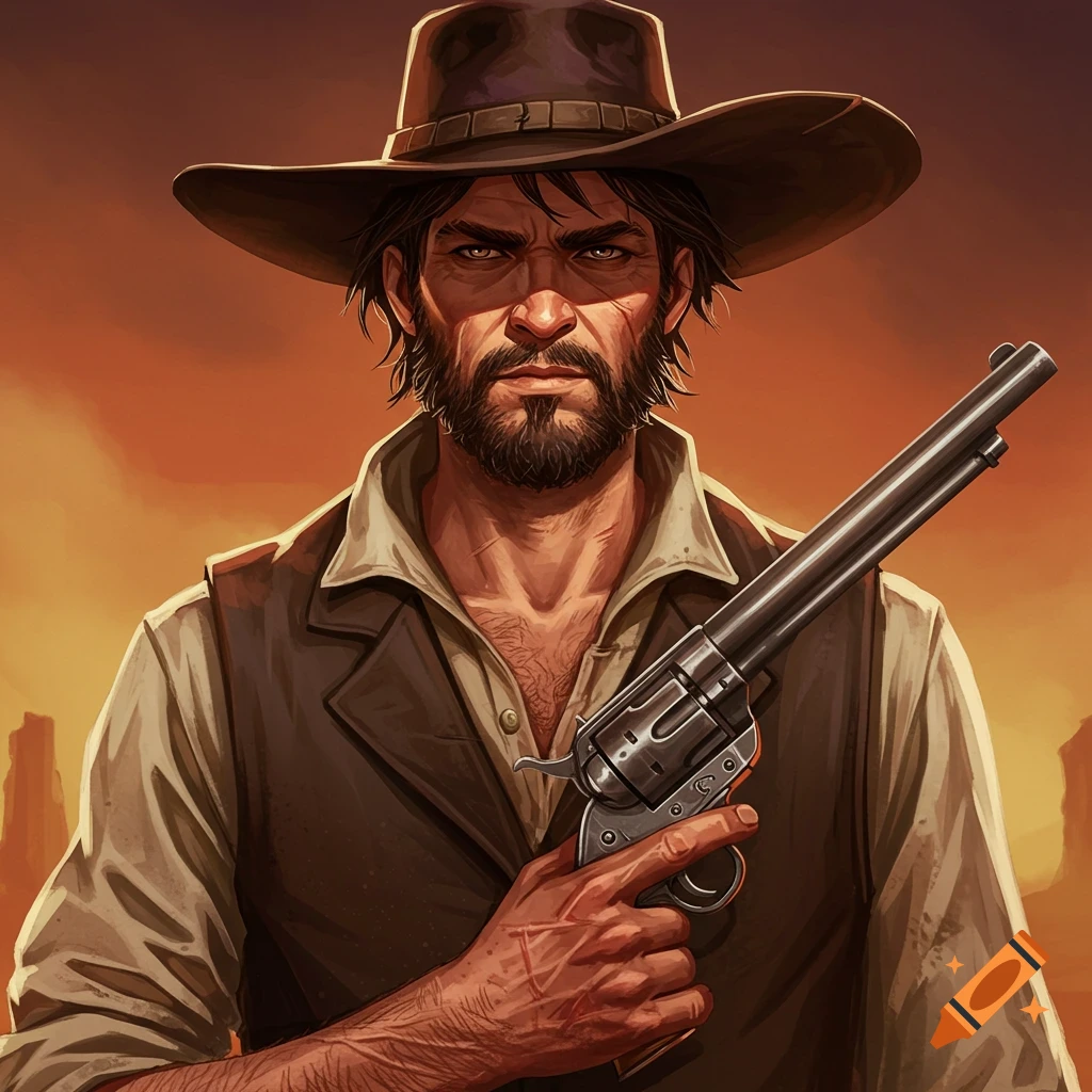 A rugged cowboy or outlaw character holding a revolver, against a sunset background.