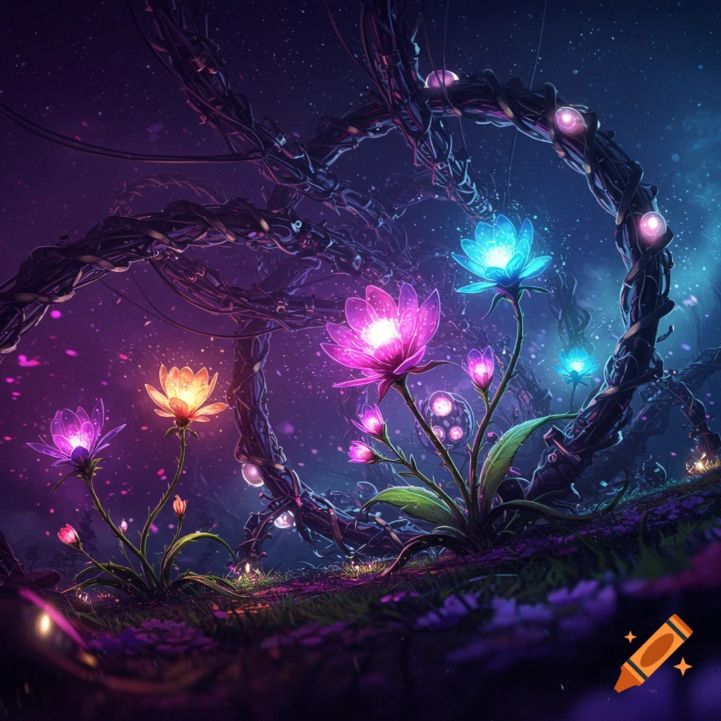 Glowing fantasy flowers bloom in a dark forest with twisted branches.