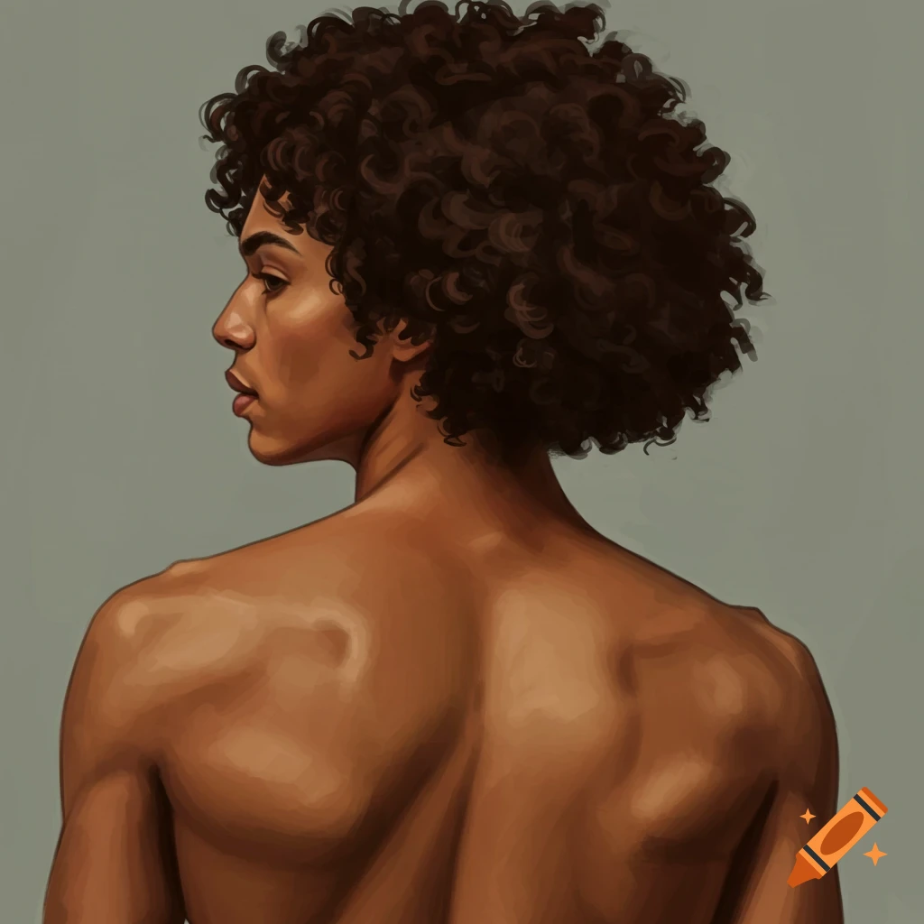 A person with curly hair is seen from behind, showing their back and shoulders.