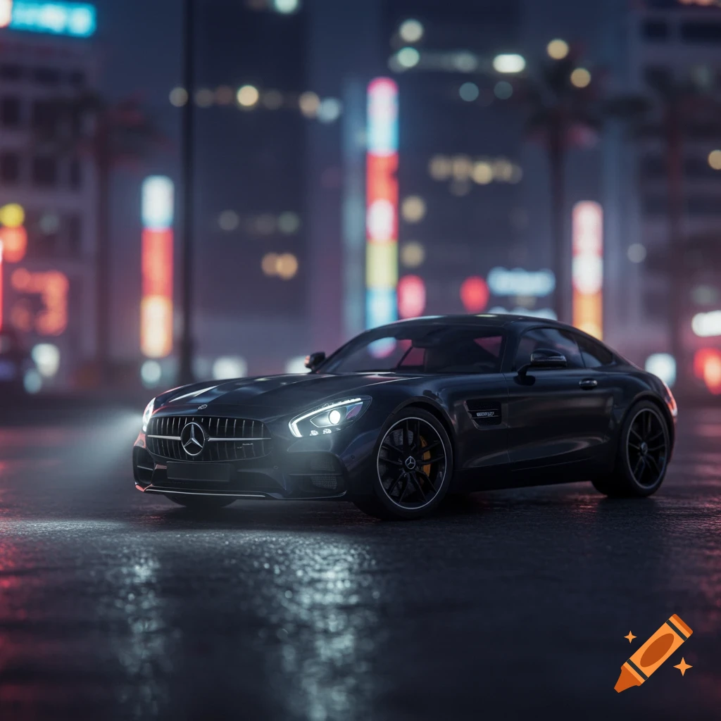 Black Mercedes-AMG car parked on a wet city street at night with blurry neon lights.
