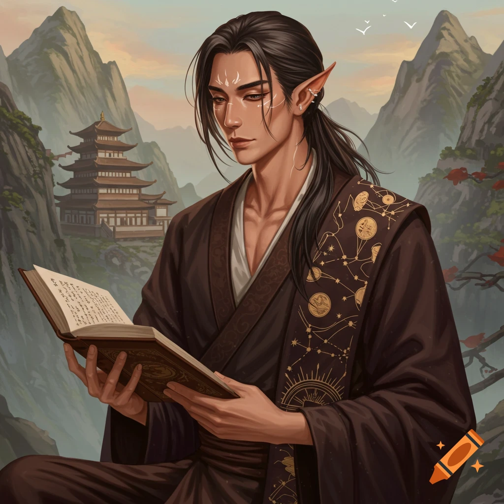 A fantasy character with long dark hair and pointed ears reads a book in a mountainous landscape with a temple.
